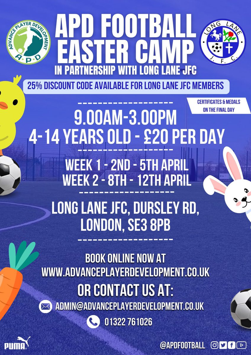 Join us for an exciting Easter football experience with our partners @apdfootball Secure your spot for the courses at @longlanejfc #Greenwich from April 2nd to April 12th. Don't miss out, book now! #upthelane #greenwich #blackheath #kidbrooke