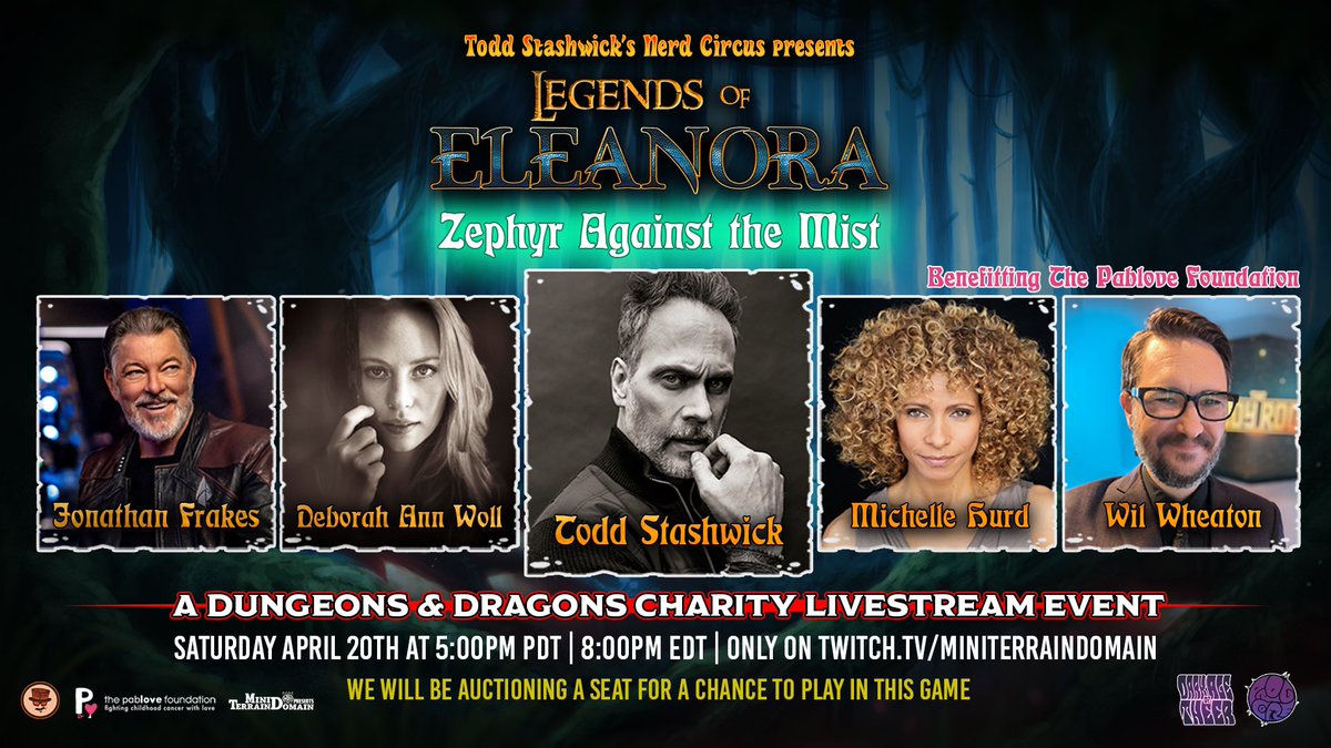 Bidding is now live for a seat at the livestream table to join myself Wil Wheaton, Michelle Hurd @DeborahAnnWoll and @jonathansfrakes playing #dungeonsanddragons to fight childhood cancer with @pablove and @tsnerdcircus charitybuzz.com/catalog_items/…