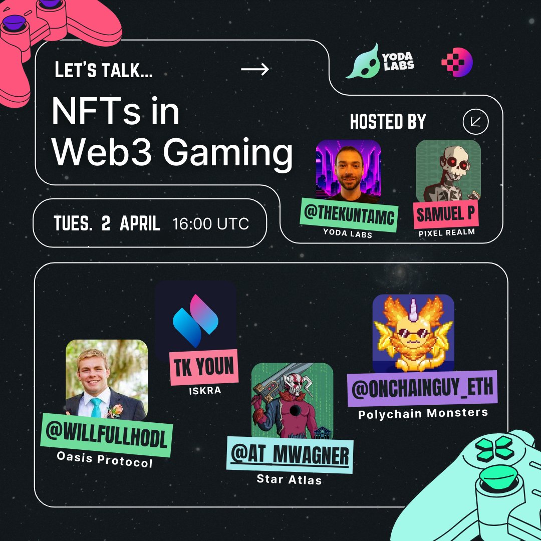 Set those alarms ⏰✅ x.com/oasisprotocol/… We're talking NFTs in gaming with: 🎮 @willfullhodl, @OasisProtocol 🎮 TK Youn, @iskra_world 🎮 @at_mwagner, @staratlas 🎮 @onchainguy_eth, @polychainmon Hosted by: 🎮 @TheKuntaMC, @yodalabs_ 🎮 @samuel_plesnik, @PixelRealmlabs