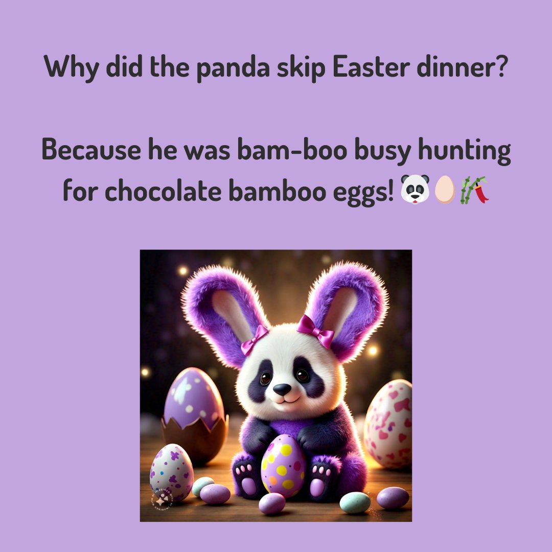 PurplePandaCre1's tweet image. 🐰🌷 Hoppy Easter Weekend! 🌷🐰 

Who&apos;s ready for some egg-citing fun? Here&apos;s a little Easter joke to kick off your celebrations.

Wishing you all a wonderful Easter filled with joy, laughter, and plenty of chocolate treats! 🍫🥚 

#HappyEaster #EasterJokes #EggcellentHumor