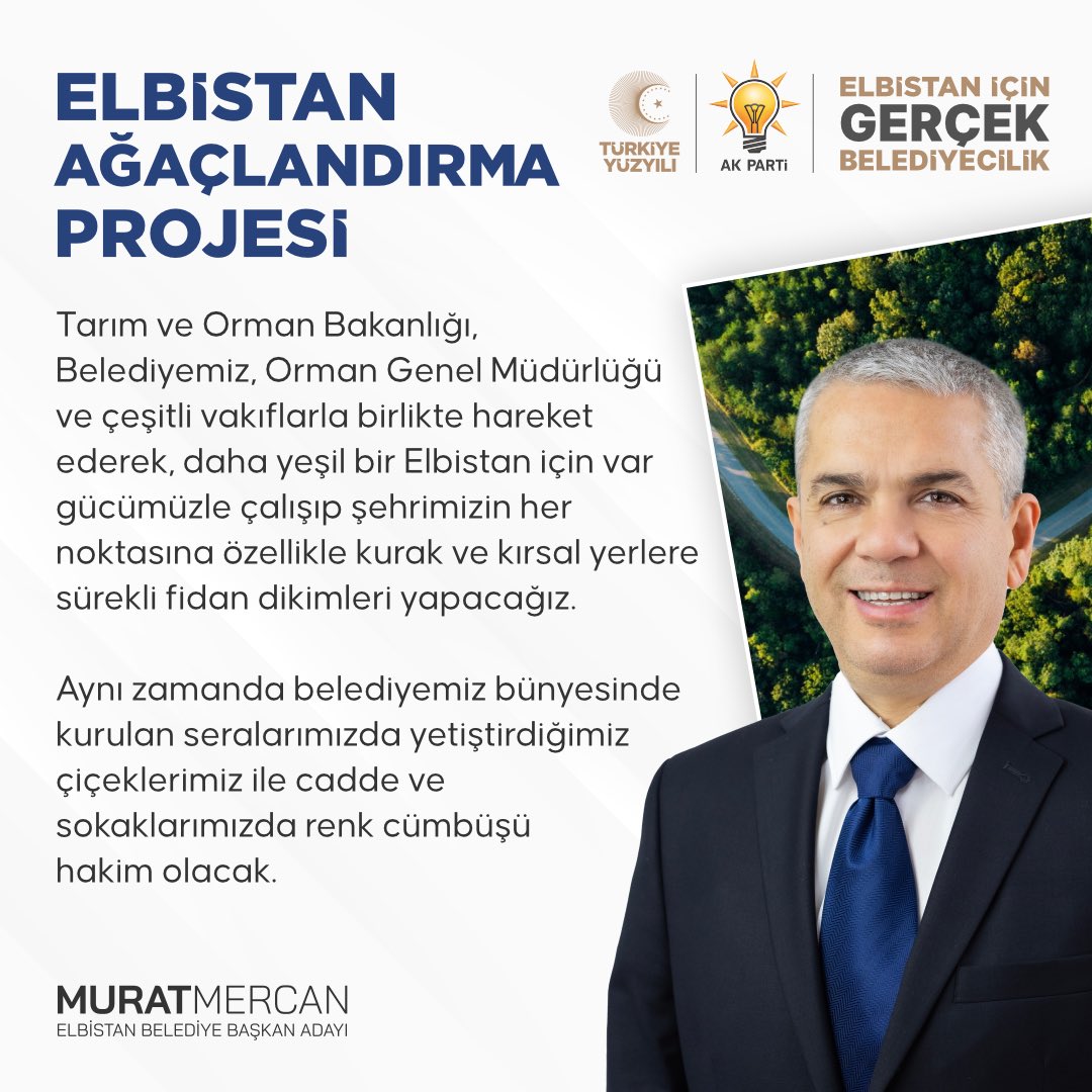 Tarım ve Orman Bakanlığı, Belediyemiz, Orman Genel Müdürlüğü ve çeşitli vakıflarla birlikte hareket ederek, daha yeşil bir Elbistan için var gücümüzle çalışıp şehrimizin her noktasına özellikle kurak ve kırsal yerlere sürekli fidan dikimleri yapacağız.

#GerçekBelediyecilik için