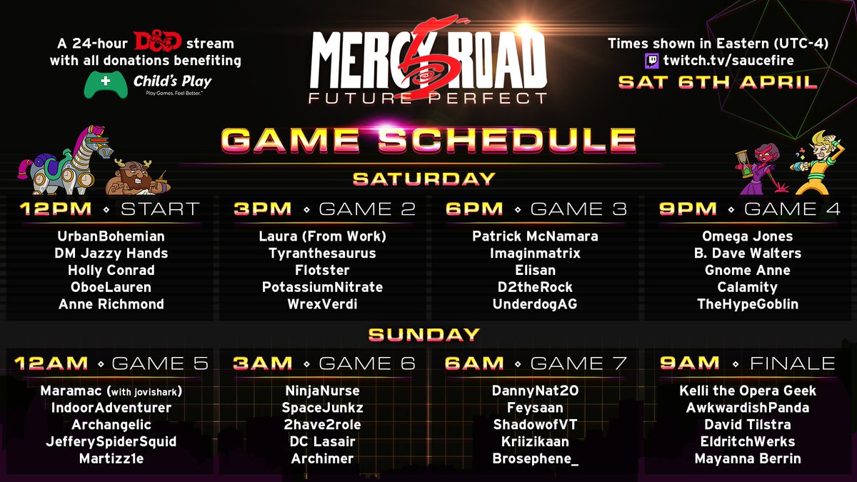 Here's the FULL schedule for Mercy Road 5: Future Perfect!! Look at all the amazing people who will be helping us raise money for @CPCharity! They're going to need YOUR help!! Your donations will affect the game, granting boons, magic items, and rolls on the TABLE OF CHAOS! 🕙🐴