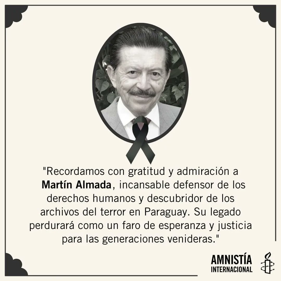 Falleció Martín Almada, un imprescindible de la historia de Paraguay, de la historia de los derechos humanos. Martín supo dar testimonio de una vida volcada a la lucha por una sociedad más justa y libre. 🧵1/3