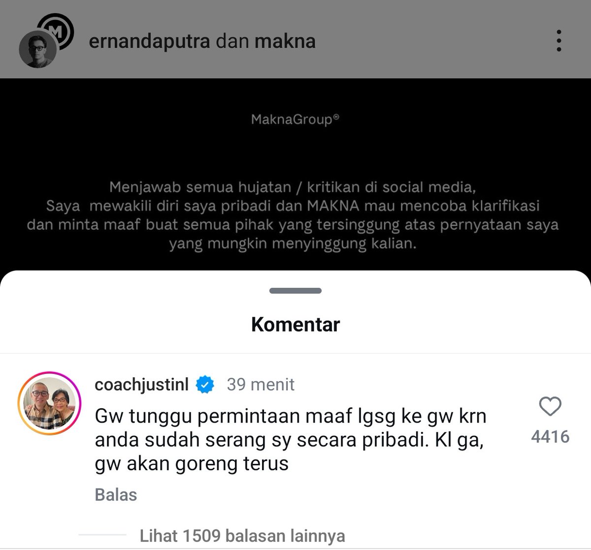 Komentar coach Justin di akun Instagram Ernanda.