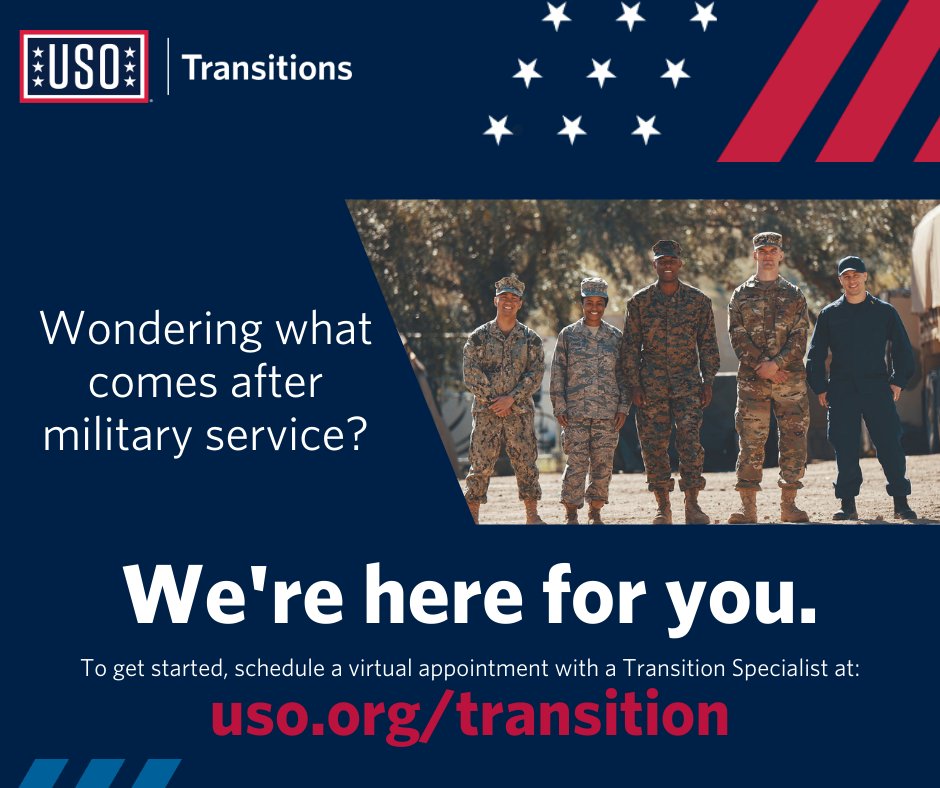 We're here for you at any point in your career. Our USO Transition Specialists are standing by to listen to your goals and help connect you to resources that can help. Connect with a Transition Specialist today at uso.org/transitions