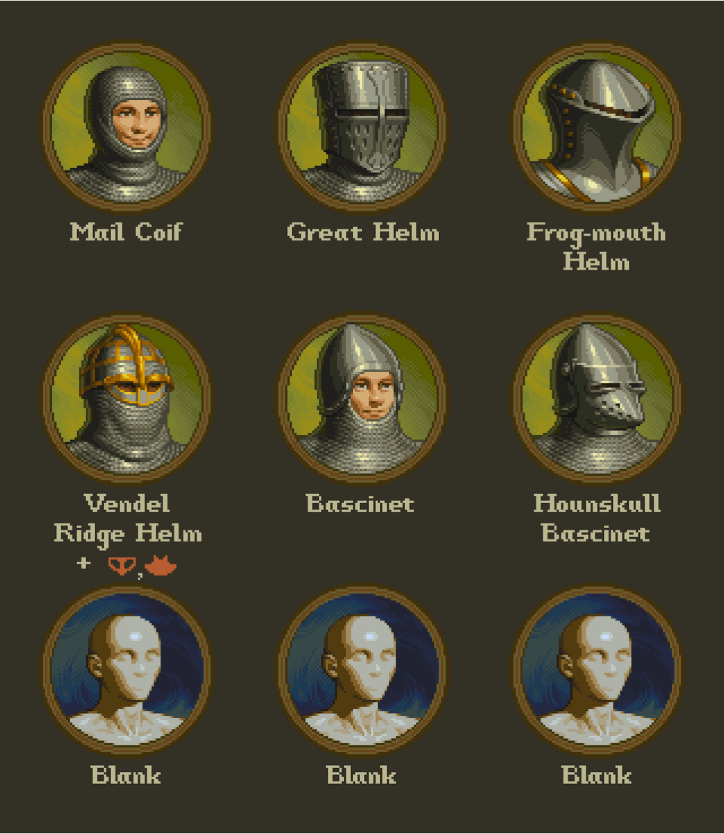 Helmet update. Frog, Vendel, Bascinet, and Hounskull.

Was going to make a spangenhelm + aventail &amp; spectacles instead of the Vendel helm, but after a bit of research, and getting into an early medieval helmet rabbit hole, I decided to leave all "spangenhelms"for later

#pixelart