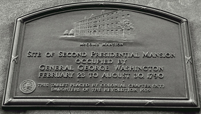 George Washington lived in the Franklin House on Cherry Street for the first ten months of his presidency. In February 1790, he moved into the Macomb Mansion, which was located at 39 Broadway. The plaque down below commemorates the Macomb Mansion.