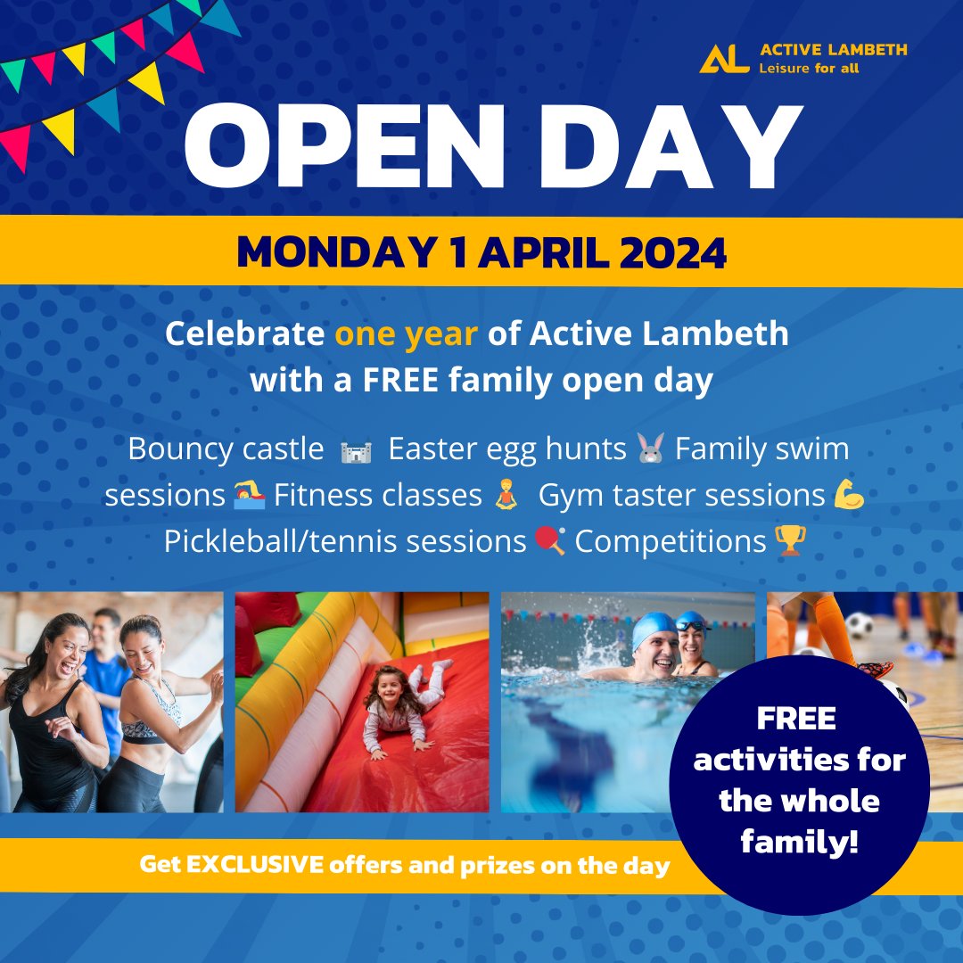 Active Lambeth's FREE Family Fun Day is just around the corner 🎉 Come and be part of the excitement with a range of FREE activities for the entire family 🙌 including bouncy castle 🏰 easter egg hunt 🐰 swim sessions 🏊‍♀️ and more ⭐ Find out more 👉 orlo.uk/active-lambeth…