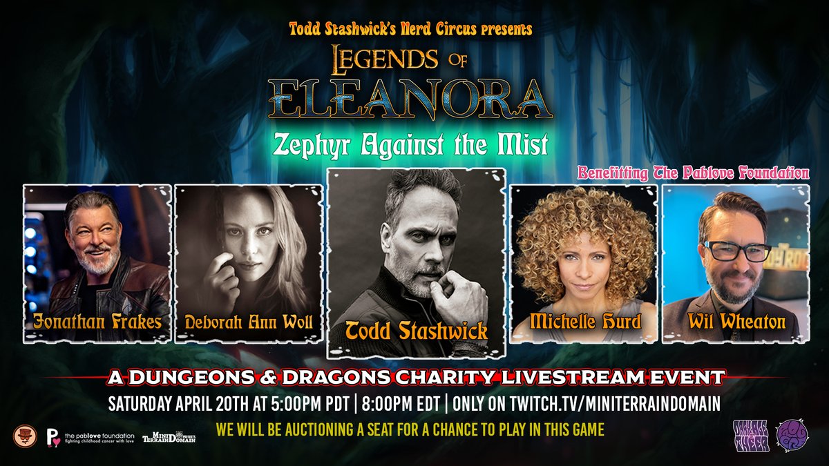 JUST ANNOUNCED! Help us raise money for @pablove to fight child cancer. DM @ToddStashwick is joined by the legends @jonathansfrakes @DeborahAnnWoll Michelle Hurd & Wil Wheaton for an epic game of D&D. Bidding is live for a seat. Link in bio! #dnd #charity #streaming