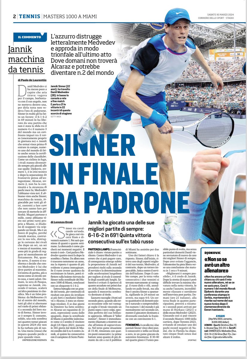 Sul <a href="/CorSport/">Corriere dello Sport</a> con la vittoria di #Sinner su Medvedev