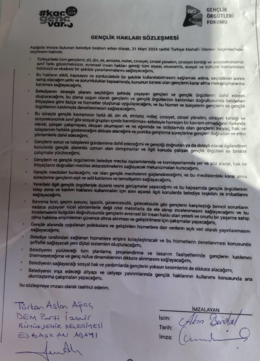 İzmir Büyükşehir Belediyesi Eş Başkan adayları olarak 57 gençlik örgütünün üye olduğu Gençlik Örgütleri Forumu’nun taleplerini içeren Gençlik Hakları Sözleşmesi imzaladık. İzmir’i gençlerle birlikte yöneteceğiz. #DEMGelirDevranDöner #OylarDEMPartiye #RabeDEMhat…