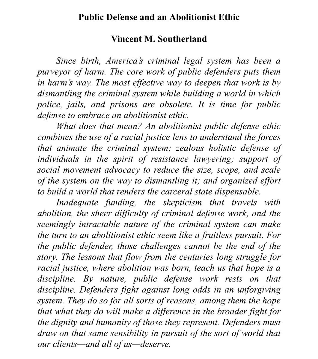 Happy to report that my article 'Public Defense and an Abolitionist Ethic' has found a home with @nyulawreview. Looking forward to working with the law review's phenomenal editors to get it into print. Thanks to the many who have provided wonderful feedback. SSRN coming soon!