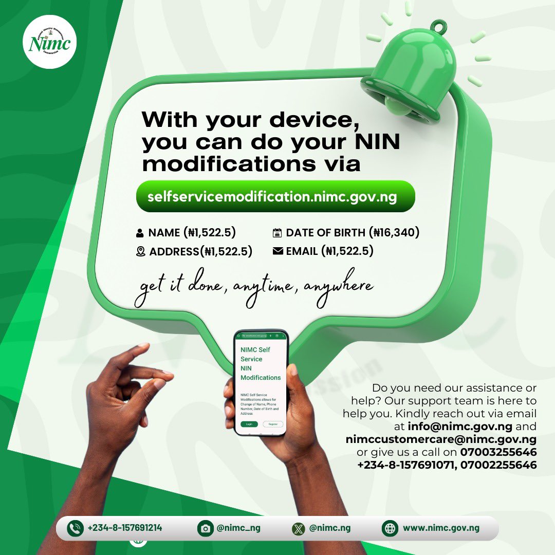 Good news!!!

You no longer have to go to a NIN enrolment center to modify your NIN record. 

You can modify your date of birth, name, address, email, and phone number on the NIMC SELF-SERVICE APP.

What are you waiting for???