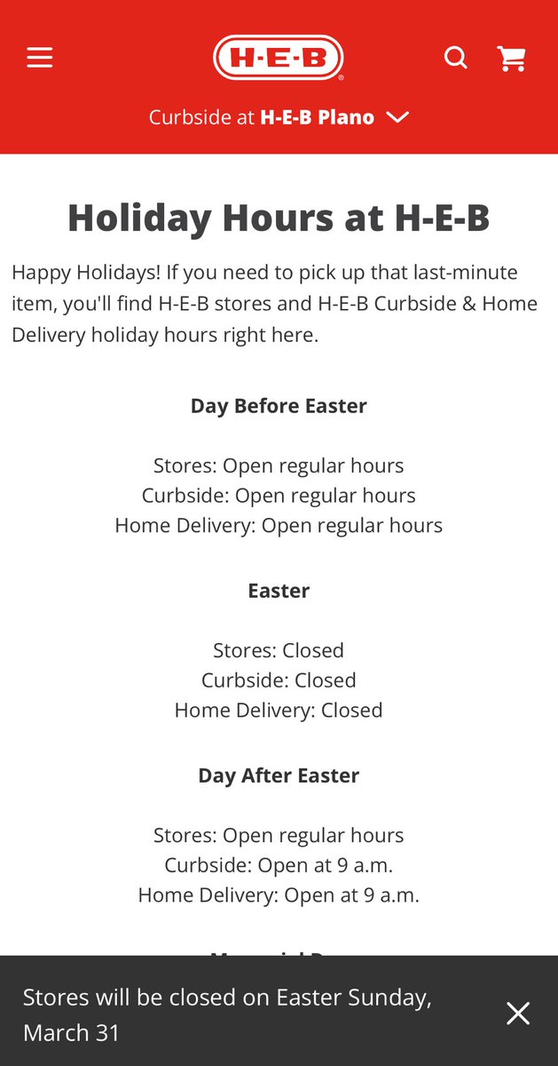 Just found out HEB will be closed tomorrow for Easter. Get your hams and cascarones today. And good on ⁦@HEB⁩ for letting their employees have the day off!