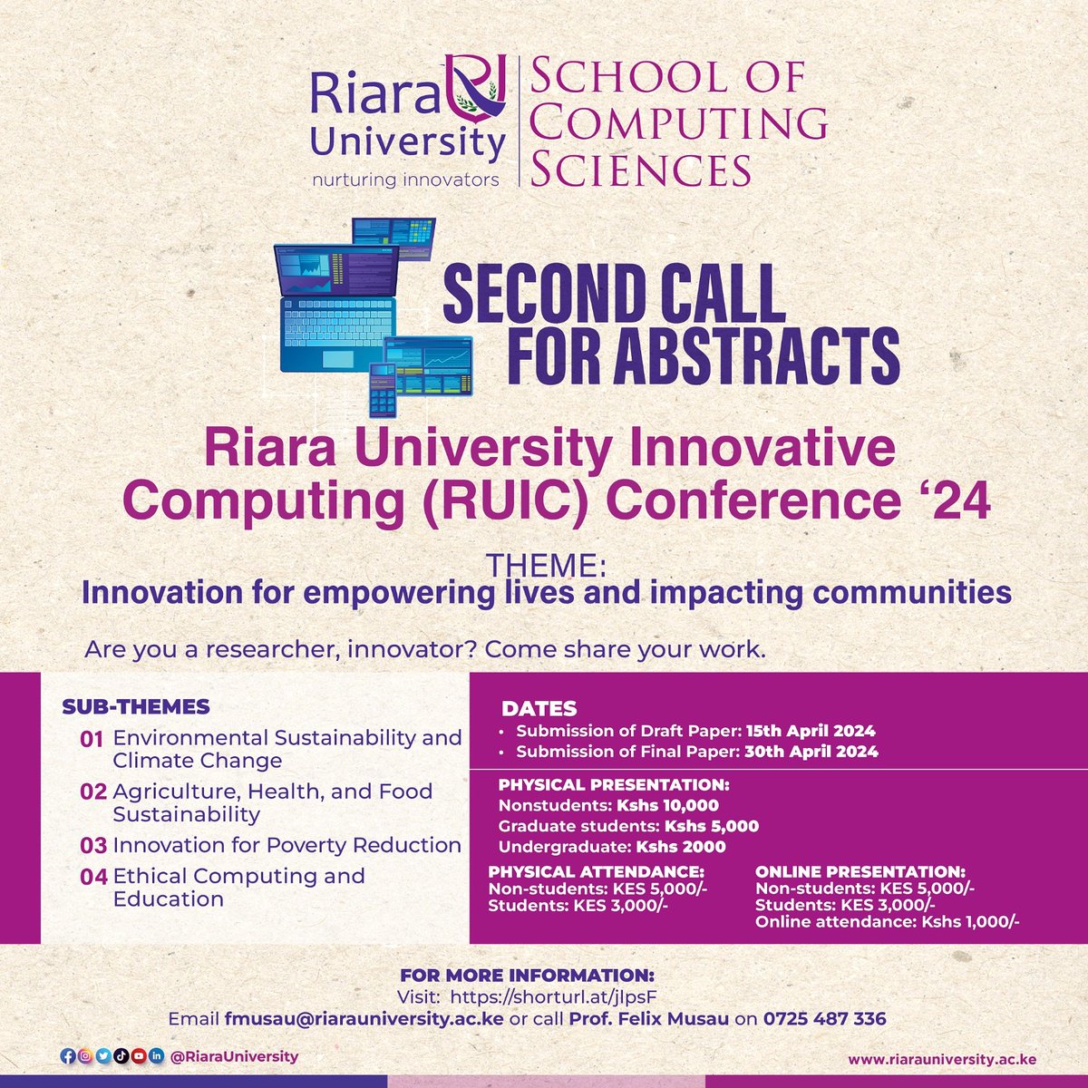 Our School of Computing Sciences is calling upon researchers and innovotors to share their work via link in poster for this year's Innovative Computing Conference. Kindly contact Dr. Gachanga on 0722899063 for more details. #NurturingInnovators