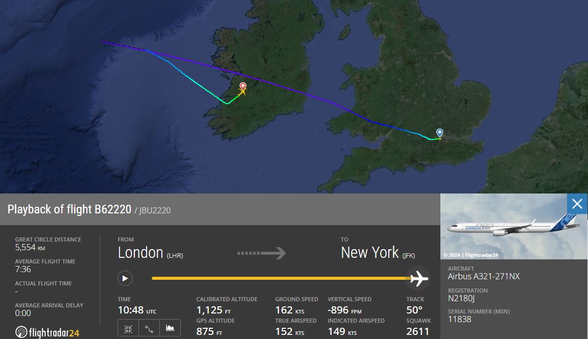 JetBlue A321neo delivered only two weeks ago makes emergency landing in Shannon following an engine failure.