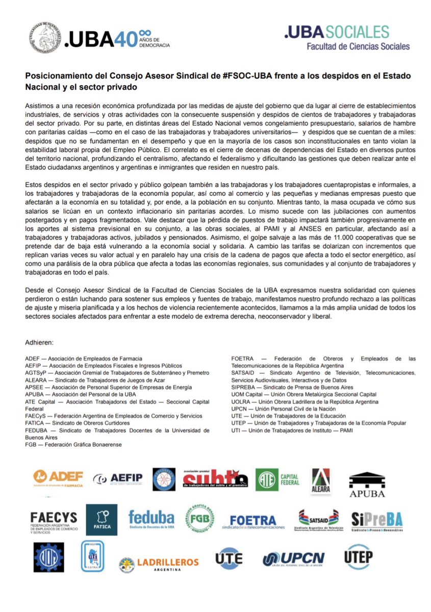 📣🗣️Posicionamiento del Consejo Asesor Sindical de #FSOC-UBA frente a los despidos de trabajadores y trabajadoras en el Estado Nacional y el sector privado.