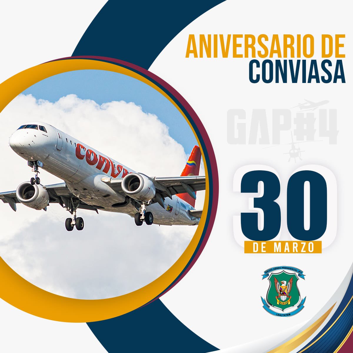 Desde el GAP4 felicitamos a la <a href="/LAConviasa/">conviasa_ve</a> por su aniversario, la aerolínea imprescindible de Venezuela, deseamos continúen surcando el cielo de la Patria con el profesionalismo, entrega y pasión que los caracteriza. 

¡Lealtatem!