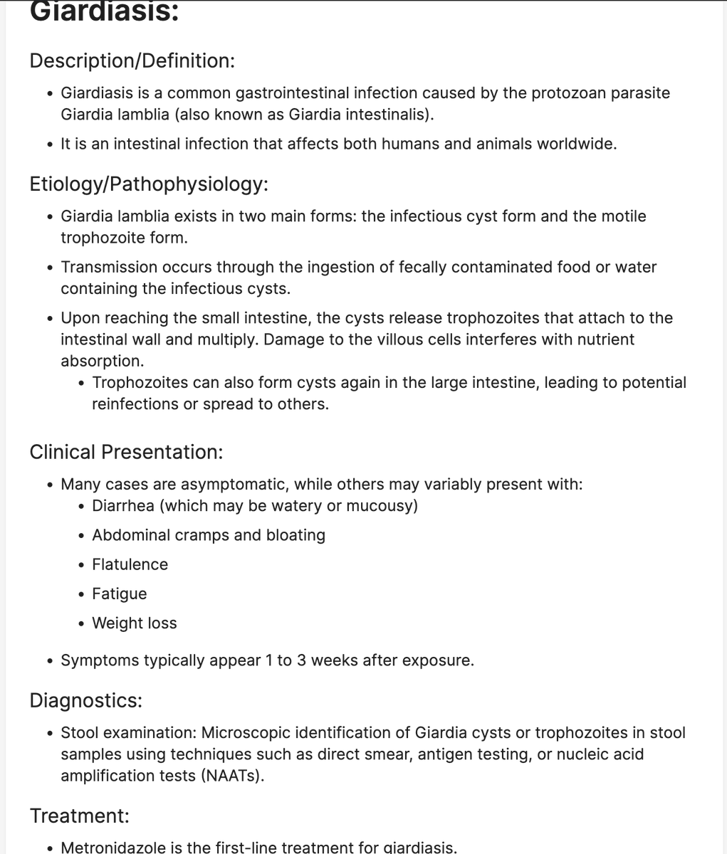 Giardiasis:

Learn more and generate your own summaries at
neuralconsult.com 🧠 🎯

#MedX #MedTwitter #FOAMed #MedEd #USMLE #step1 #Step2CK