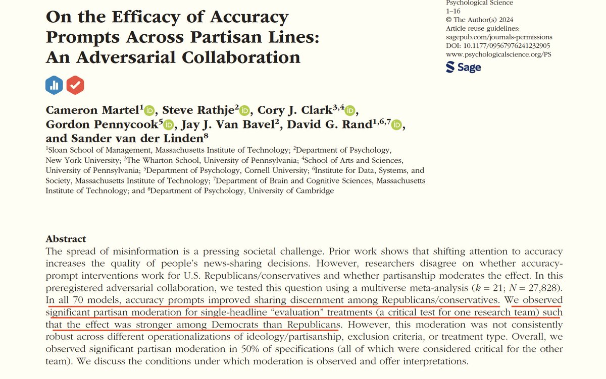🚨 Important work by superstar team! 🚨 On the Efficacy of Accuracy Prompts Across Partisan Lines: journals.sagepub.com/doi/abs/10.117… '...we found robust evidence that accuracy prompts significantly increase the quality of content that is subsequently shared by participants across the…