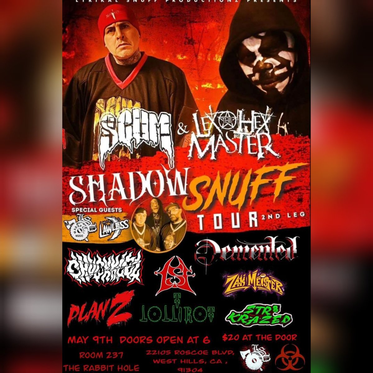 May 9th is about to go muthafuckin' down, y'all!!! The #ShadowSnuffTour with @SCUM412, @lexthehexmaster, Madopelli & Mikahl Lawless will be coming to West Hills, CA at 'The Rabbit Hole.' Catch the family and myself there to perform that sickness and get your tickets TODAY!!! 😈👆🏾
