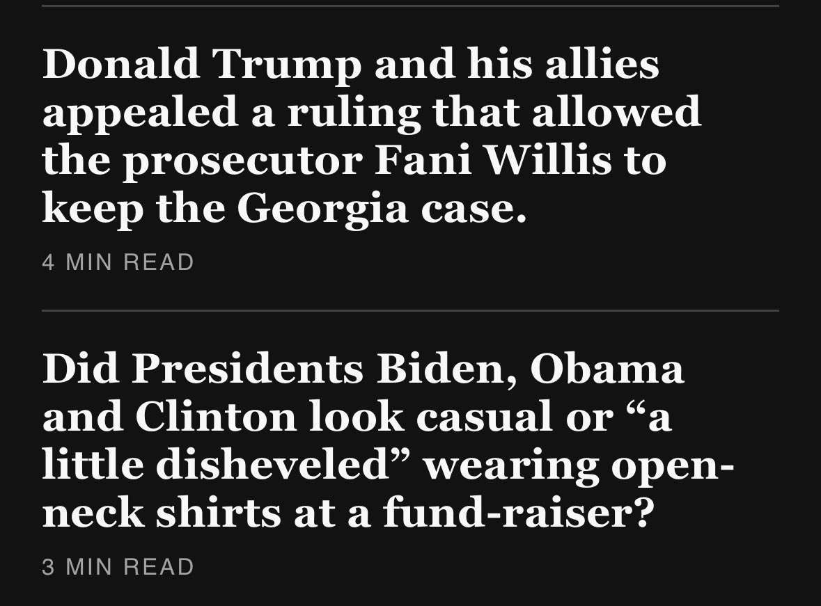 This is a beautiful illustration of how warped the coverage of the two candidates has been. Side by side in the New York Times, as though they’re equally important—one about felony criminal charges of Trump trying to overthrow democracy. The other about…Biden not wearing a tie.