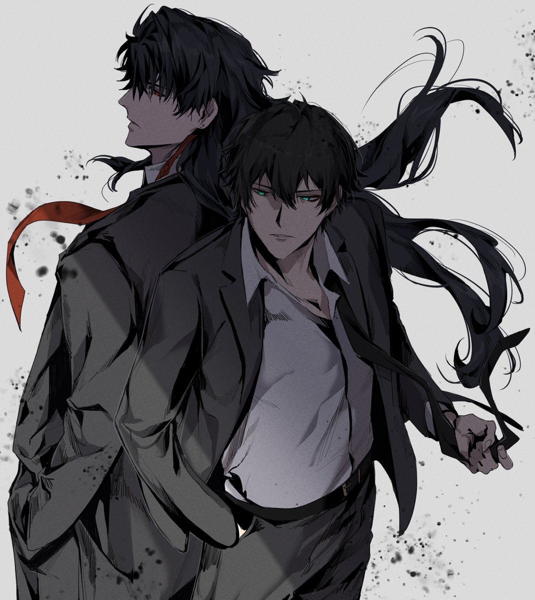 blade (honkai: star rail) long hair looking at viewer short hair simple background shirt black hair long sleeves  illustration images