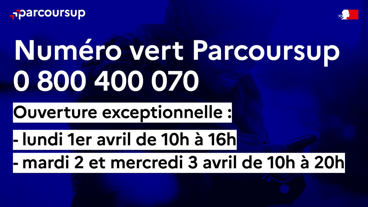 📲 Pour vous aider à compléter votre dossier et confirmer vos vœux sur #Parcoursup notre numéro vert est ouvert lundi 1er, mardi 2 et mercredi 3 avril avec des horaires étendues. 👥 Nos conseillers vous accompagnent et répondent à toutes vos questions au 0 800 400 070 !