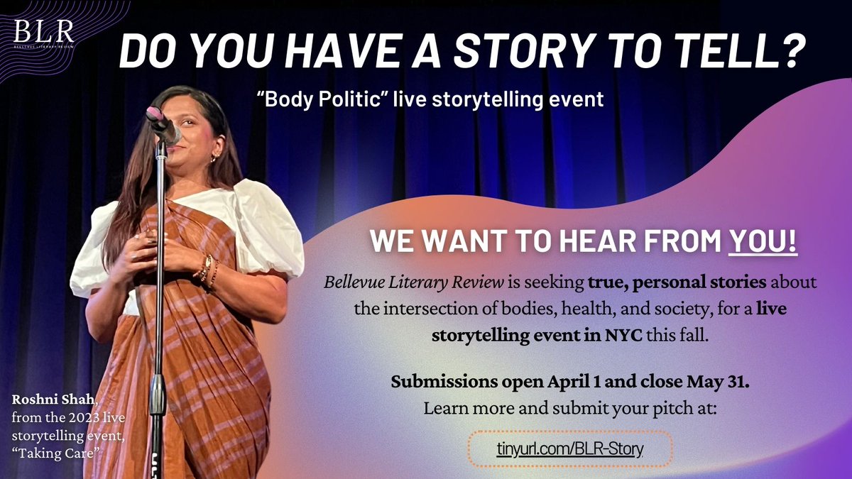 BLR is producing a live storytelling event on the theme of the “Body Politic.” You do not need any experience! We encourage people of all backgrounds to submit a pitch. 📢 Submissions open MONDAY, APRIL 1st! Learn more and submit here: tinyurl.com/BLR-Story