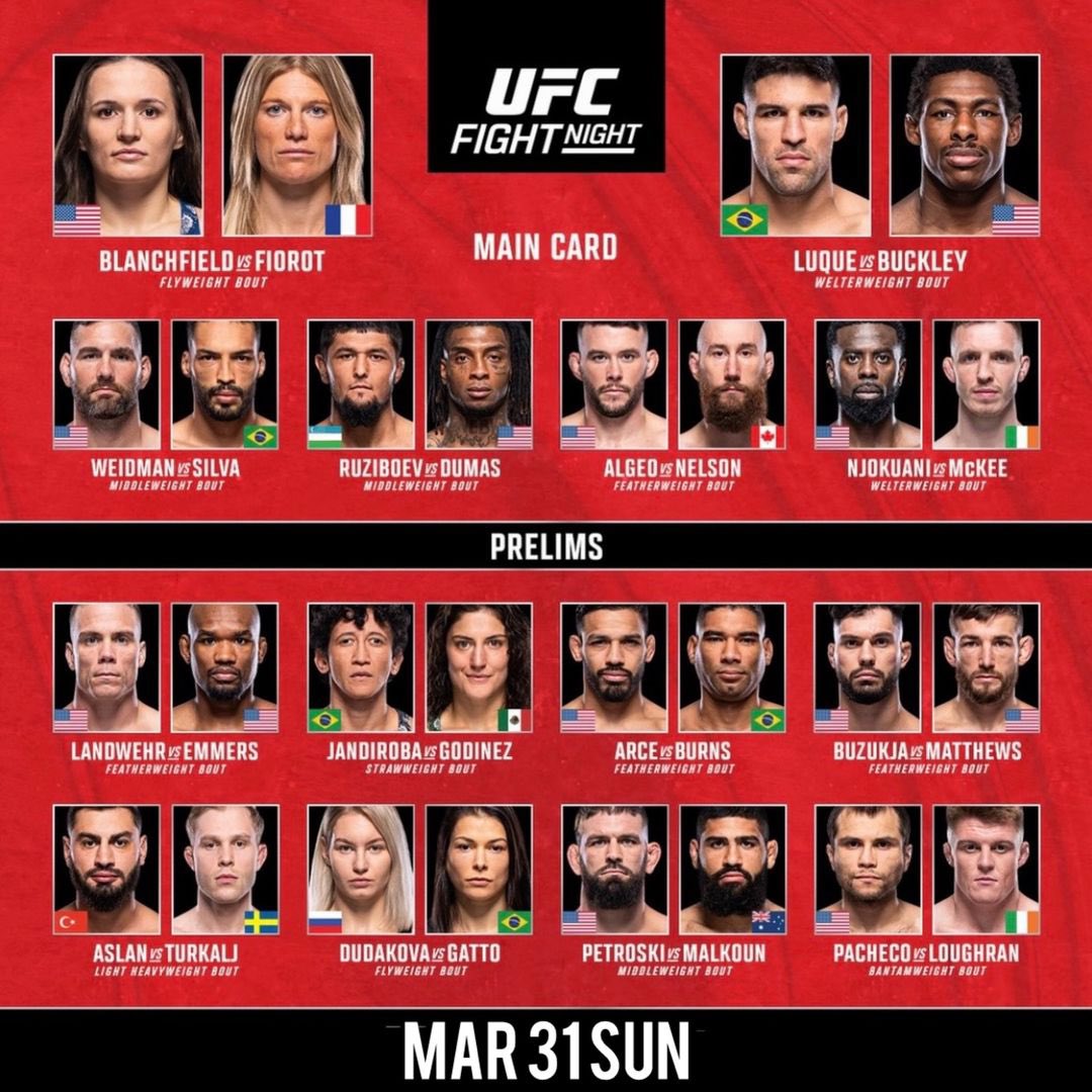 Hol dir deine Dosis Adrenalin mit #UFCAtlanticCity Blanchfield vs. Fiorot. Beide unbesiegt in der UFC &amp; streben nach dem Titel!  🏆 

Plus, Luque vs. Buckley sorgen für Spannung!  💥

Die Main Card startet Sonntagfrüh um 4 Uhr auf DAZN!  🔥 

#DAZNFightClub  #UFC #FightNight #MMA