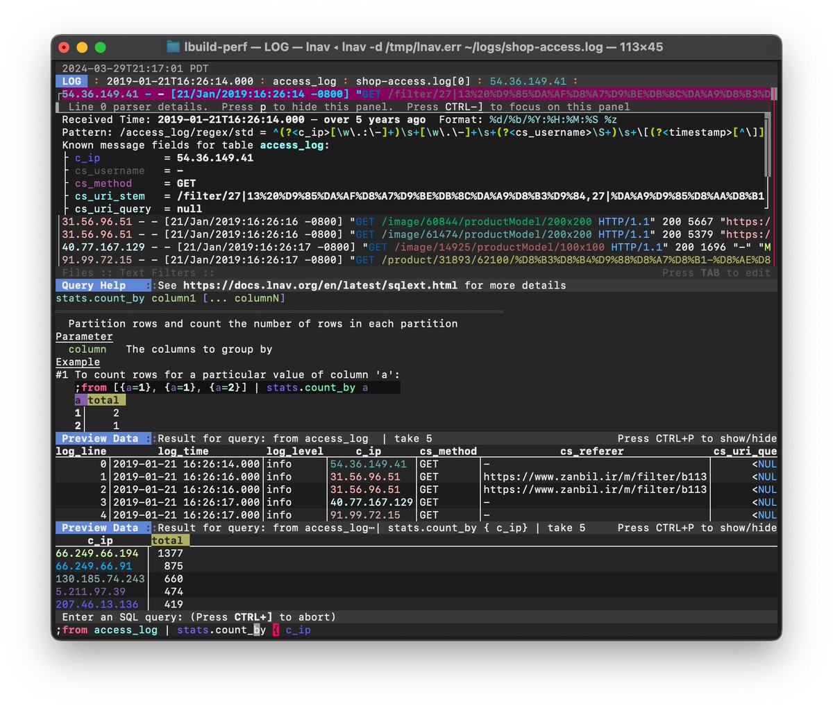 lnav v0.12.1 has been released: github.com/tstack/lnav/re…

The main highlight is support for the PRQL database query language.  Doing log analysis should be a little easier with PRQL since lnav can provide previews of the pipeline stages as shown in this screenshot: