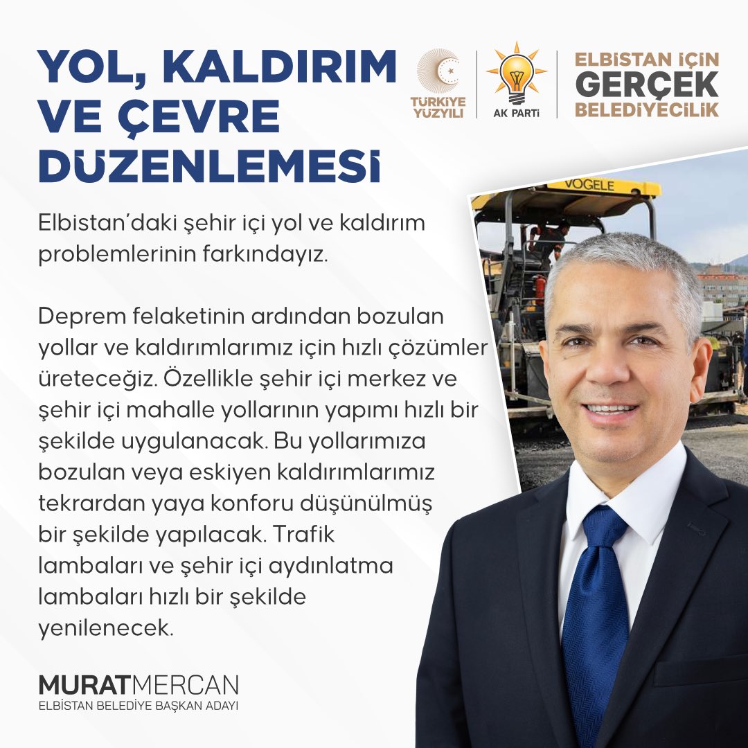 Deprem felaketinin ardından bozulan yollar ve kaldırımlarımız için hızlı çözümler üreteceğiz. Özellikle sehir içi merkez ve şehir içi mahalle yollarının yapımı hızlı bir şekilde yapacağız.

#GerçekBelediyecilik için #HazırızKararlıyız