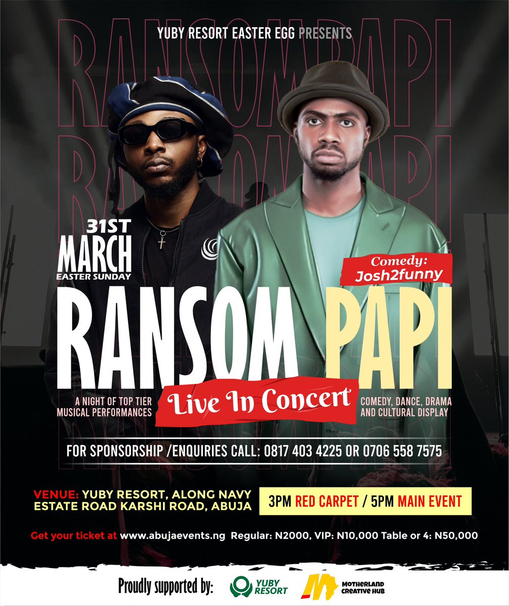 I’m so excited to announce that <a href="/josh2funny/">Josh Alfred</a> will be gracing my Live Concert tomorrow at Yuby Resorts, Navy Estate Karshi, Abuja.

Get your tickets here - paystack.com/buy/ransom-papi and join us for a night of superb music, comedy and all round entertainment! 

Cc <a href="/Cyborgofbuj/">WURA✨ Jewelry & Ankara in Abuja</a>