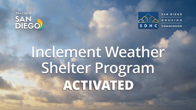 The Inclement Weather Shelter Program has been activated today, Saturday, March 30. Beds are available for San Diegans experiencing homelessness at Father Joe's Villages, the Living Water Church of the Nazarene and the San Diego Rescue Mission. More info: bit.ly/46CHJhm