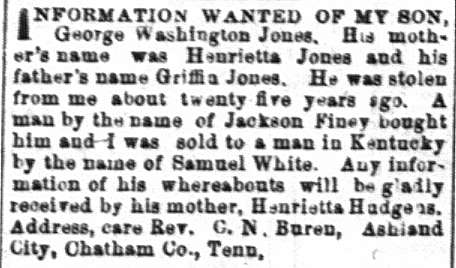 #OnThisDay in 1883, Henrietta Hudgens (formerly Jones) was searching for her son, George Washington Jones. George was 'stolen' and separated from his mother in about 1858 when the two were enslaved by different people.

#lastseenproject #BlackHistory #BlackGenealogy @NHPRC