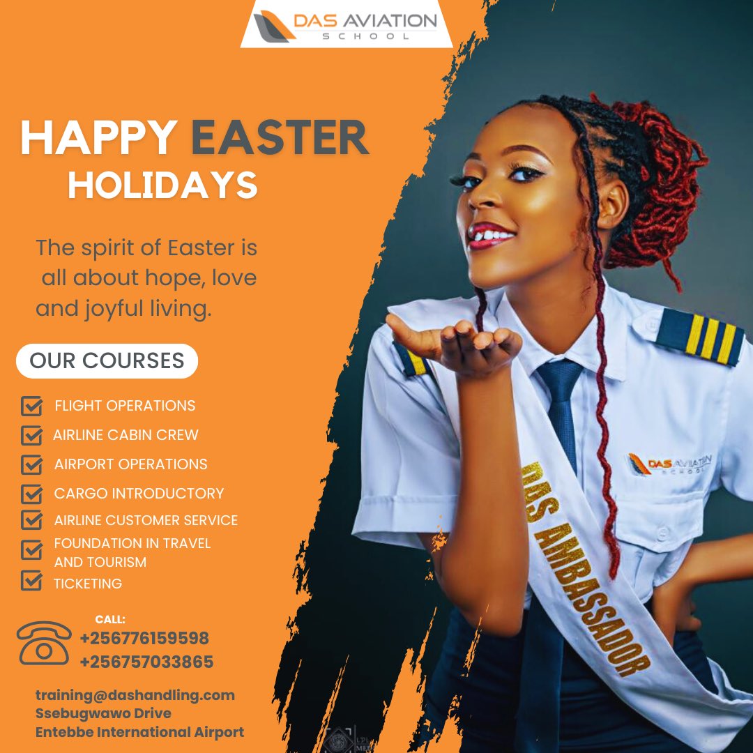 Happy Easter Holidays from all of us at DAS AVIATION SCHOOL to YOU and YOURS. Thank you for choosing the best Aviation training school in Uganda. 
#Easter #HappyEaster #dasaviationschool