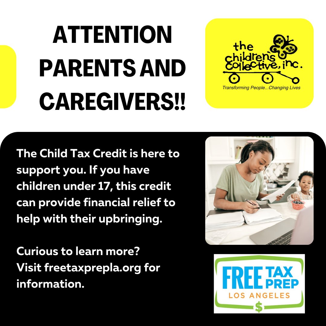 ATTENTION PARENTS AND CAREGIVERS!!

The Child Tax Credit is here to support you. If you have children under 17, this credit can provide financial relief to help with their upbringing. 

Curious to learn more? 
Visit freetaxprepla.org for information.

#FreeTaxPrepLA #Taxes