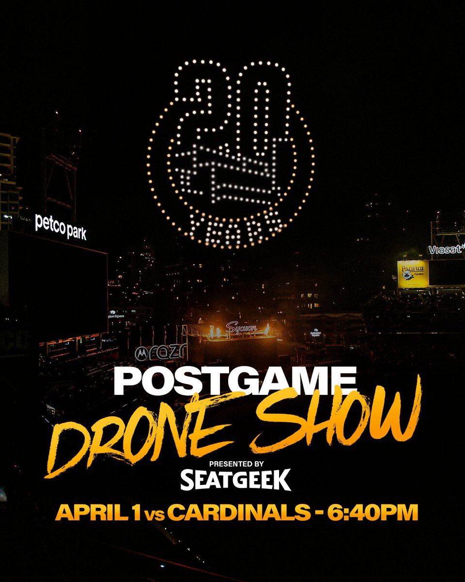 We're lighting up the sky with our first-ever Drone Show in celebration of the 20th Anniversary of @PetcoPark! Join us on Monday, April 1: Padres.com/SingleGame