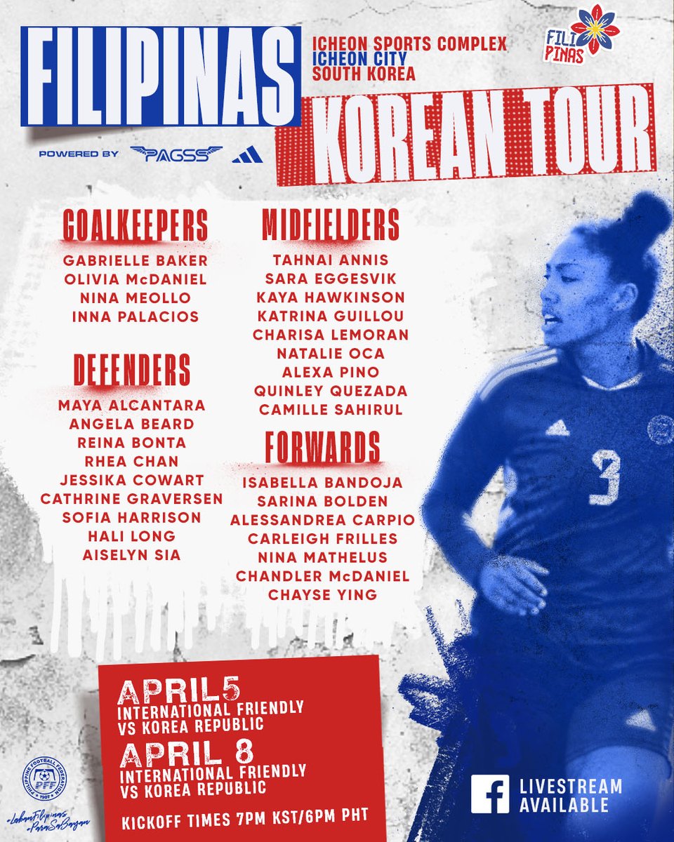 ⚡️ SQUAD ANNOUNCEMENT ⚡️ @Marc14__ has called up 2⃣9⃣ #Filipinas for a pair of international friendlies against @theKFA which includes the return of old faces along with familiar ones from our youth team! 🇰🇷🇵🇭 April 5, 7:00pm KST/6:00pm PHT 🇰🇷🇵🇭 April 8, 7:00pm KST/6:00pm PHT