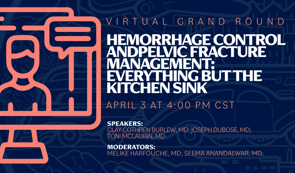 Mark your calendars for April 3 at 4:00 PM CST📆 Our upcoming webinar will cover 'Hemorrhage Control and Pelvic Fracture Management: Everything but the Kitchen Sink.' Gain valuable insights to enhance your skills in managing hemorrhage & pelvic fractures! aast.org/education/gran…