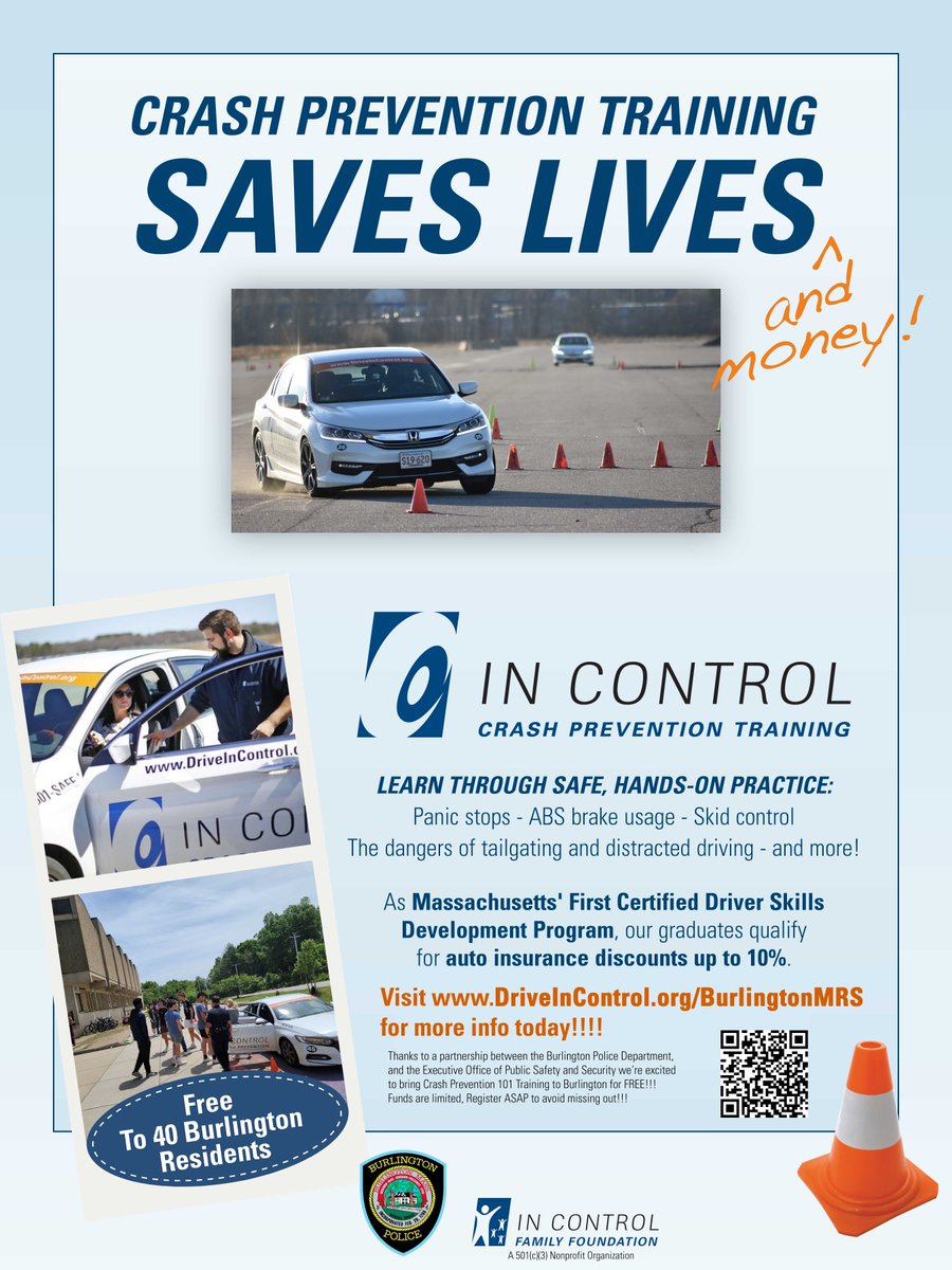 Burlington PD has partnered with @driveincontrol & @EOPSS to bring a Crash Prevention 101 Training course to Burlington, MA! For more information on this course or to sign up check out the website: tinyurl.com/fcdhrue6 #DriveSafe