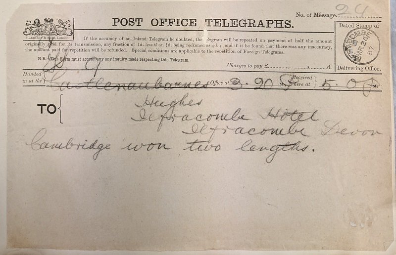 In 1887 students wanted to know the results of the #boatrace whilst they were on an @EarthSciCam field trip, so a telegram was swiftly dispatched 📨. Cambridge won by 2 lengths - one of the Oxford crew's oars snapped in half 😬.