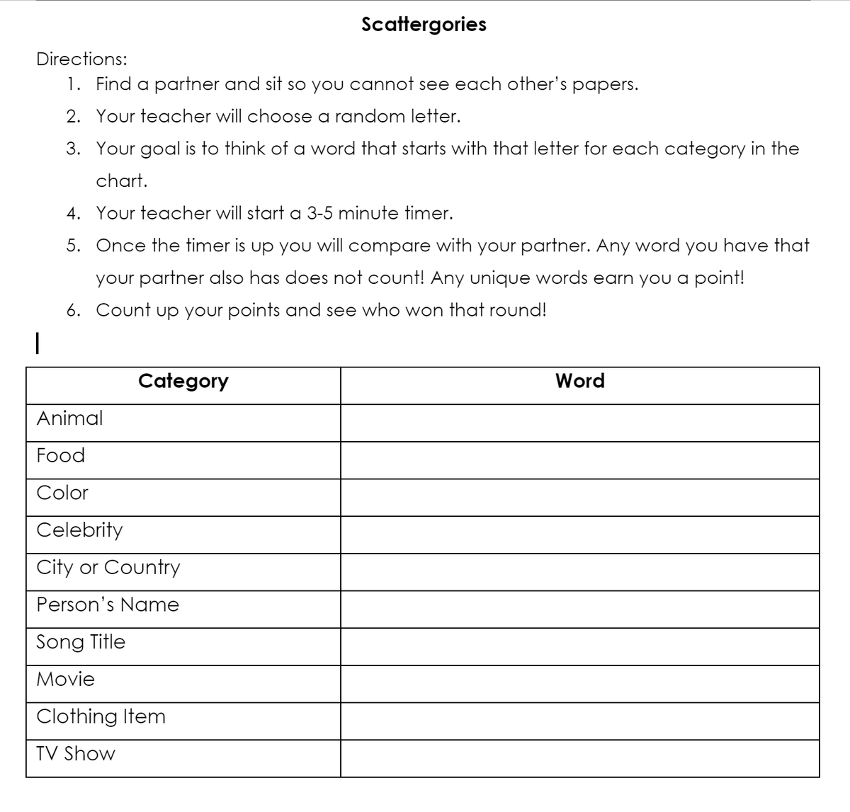 Standardized testing season is upon us! Need an easy game to play for a brain break? A modified version of Scattergories is always a hit! Katie's favorite thing to do is to play a song that starts with the chosen letter while students are working and see if they catch the hint!🎶