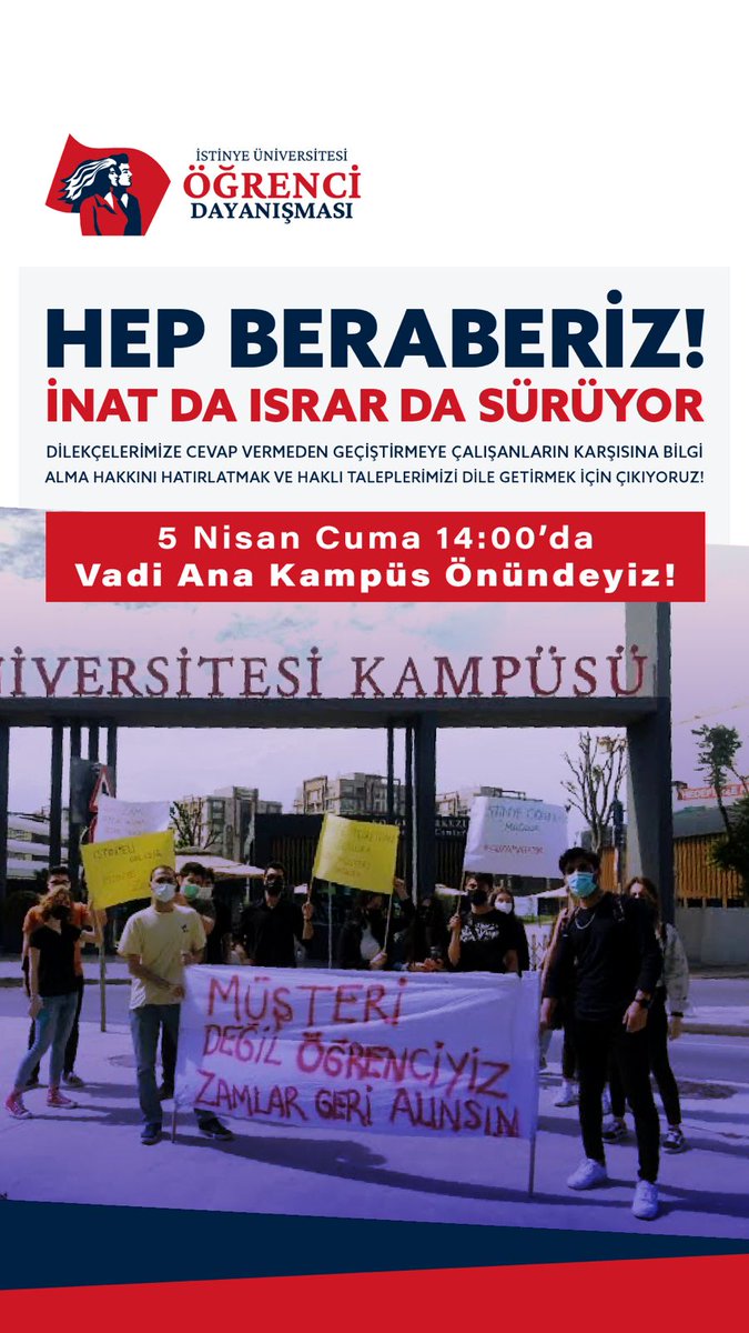 Cuma günü saat 14.00'da Vadi Ana Kampüs önünde; taleplerimizi bir daha dile getirmek ve imzaladığımız onlarca dilekçeye cevap almak için buluşuyoruz. Cevap alma hakkımızı da bizden alamazsınız! Dayatmalarınız karşısında inadımız sürüyor. Buradayız!

#müşterideğilöğrenciyiz