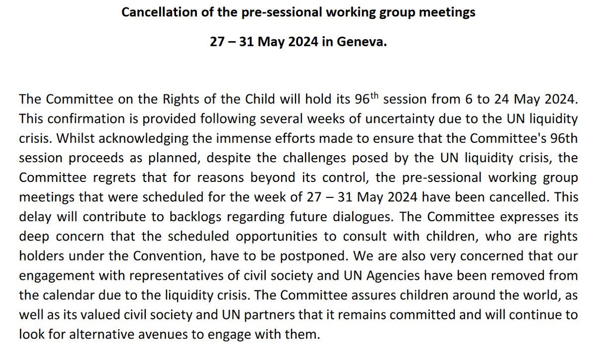 UNChildRights (@unchildrights1) on Twitter photo The UN liquidity crisis (unpaid dues by some large States) directly impacts the rights of children... To save money, a full week of the Committee on the Rights of the Child's #UNCRC scheduled meetings was canceled including some with children. An unfortunate first... <a href="/lexpsy/">Philip D. Jaffé</a> The UN liquidity crisis (unpaid dues by some large States) directly impacts the rights of children... To save money, a full week of the Committee on the Rights of the Child's #UNCRC scheduled meetings was canceled including some with children. An unfortunate first... <a href="/lexpsy/">Philip D. Jaffé</a>
