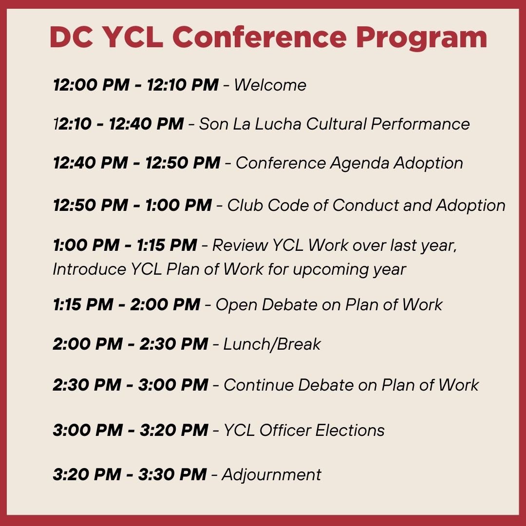 Interested in joining the DC YCL or working with progressive forces in the youth movement? Join us for our Club Conference this upcoming Saturday, April 6th at Mt. Pleasant Library tomorrow at 12 PM! Non-members who want to observe can register here: bit.ly/yclregis