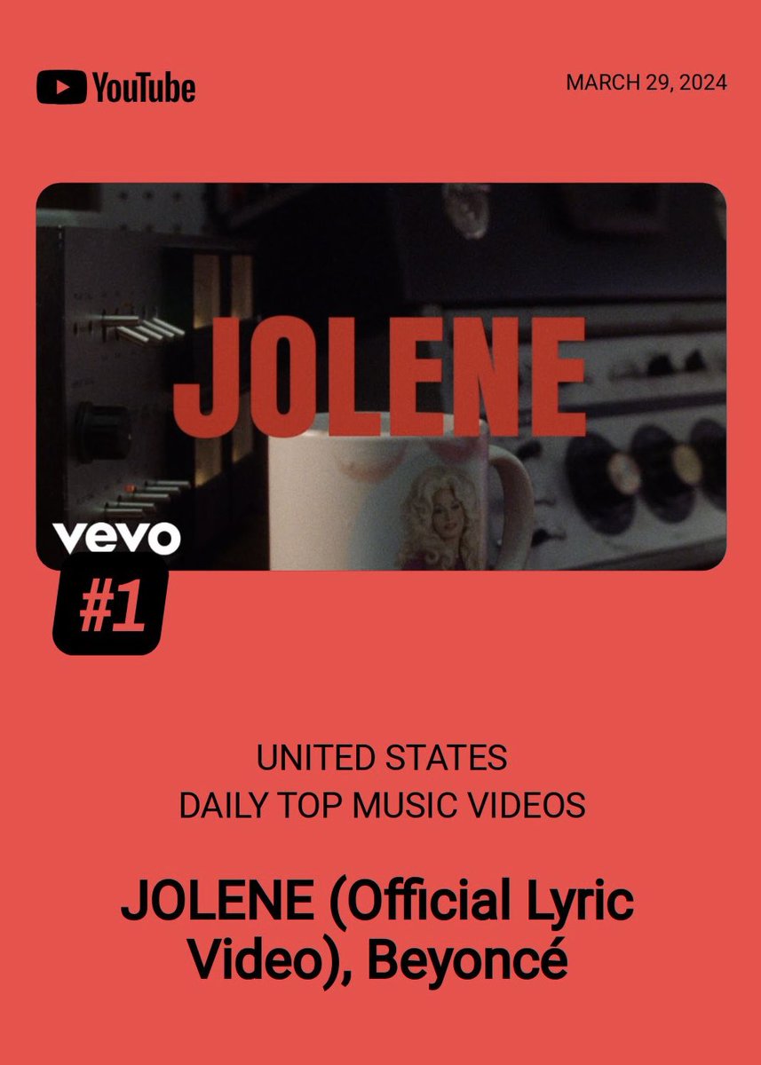 beyhivephl's tweet image. Beyoncé’s “JOLENE” (Lyric Video) tops the YouTube US Daily Music Video chart!

Watch the lyric video here: tinyurl.com/yduacbvj

#actii #COWBOYCARTER #JOLENE #Beyonce