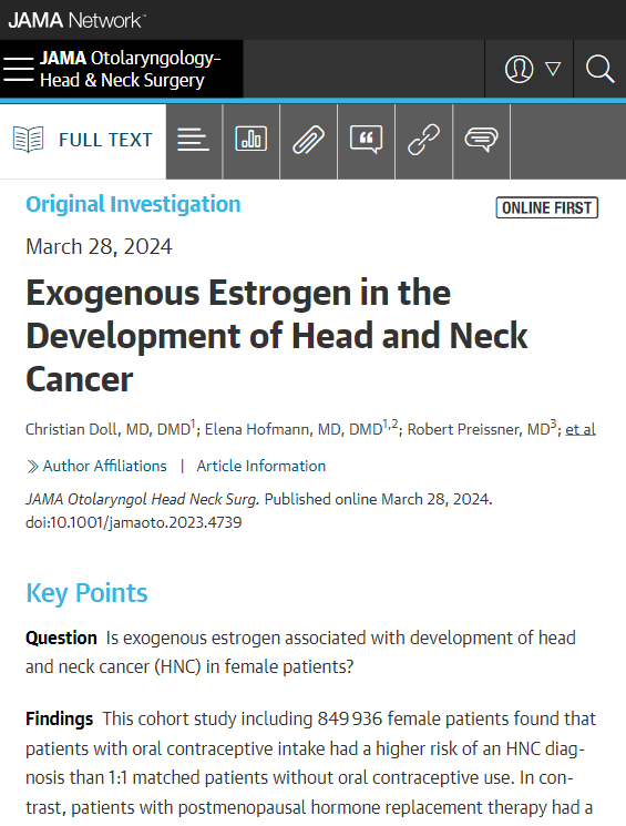 Findings of this cohort study illustrate a positive association between oral contraception and a negative association between hormone replacement therapy and the development of head and neck cancer in female patients. ja.ma/3PF5Pma