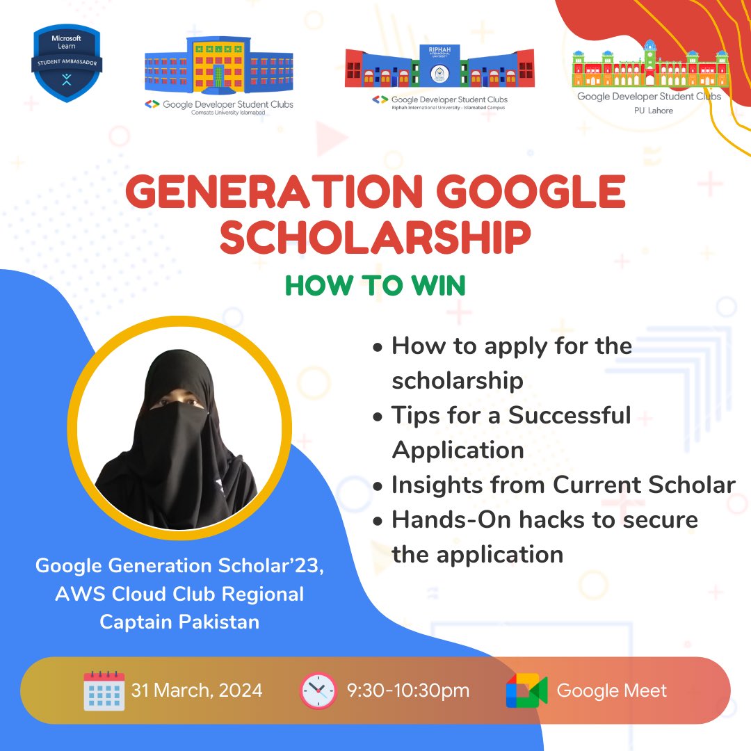 GDSC CUI in collaboration with GDSC Riphah, GDSC pucit Lahore &amp; MLSA Swabi presents a workshop exclusive for women only featuring Rukhsar Bakhtaj! 

📅 Date: March 31, 2024
🕒 Time: 9:30-10:30 PM
📍 Venue: Google Meet

Register Now 👇👇
🔗forms.gle/BFTMMzgjf5YHVk…