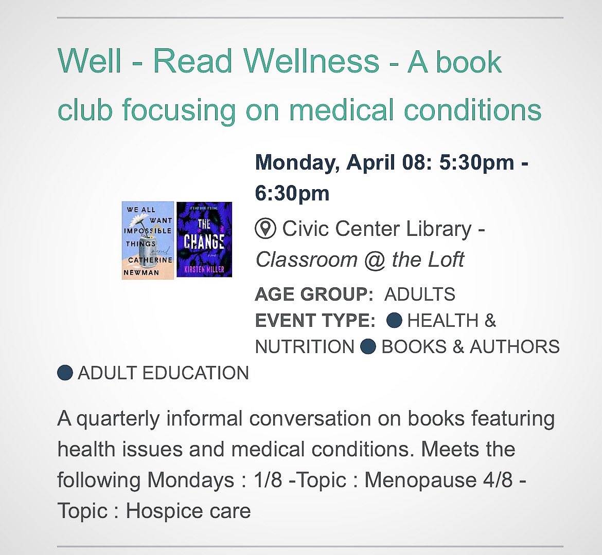 Excited for our 2nd #readtalkgrow podcast inspired #bookclub @ScottsdaleReads on Monday 4/8 at Civic Center Library We’ll discuss Catherine Newman’s #weallwantimpossiblethings & being a friend to a friend who is dying #read2heal #read2grow #bookstagram Join us!